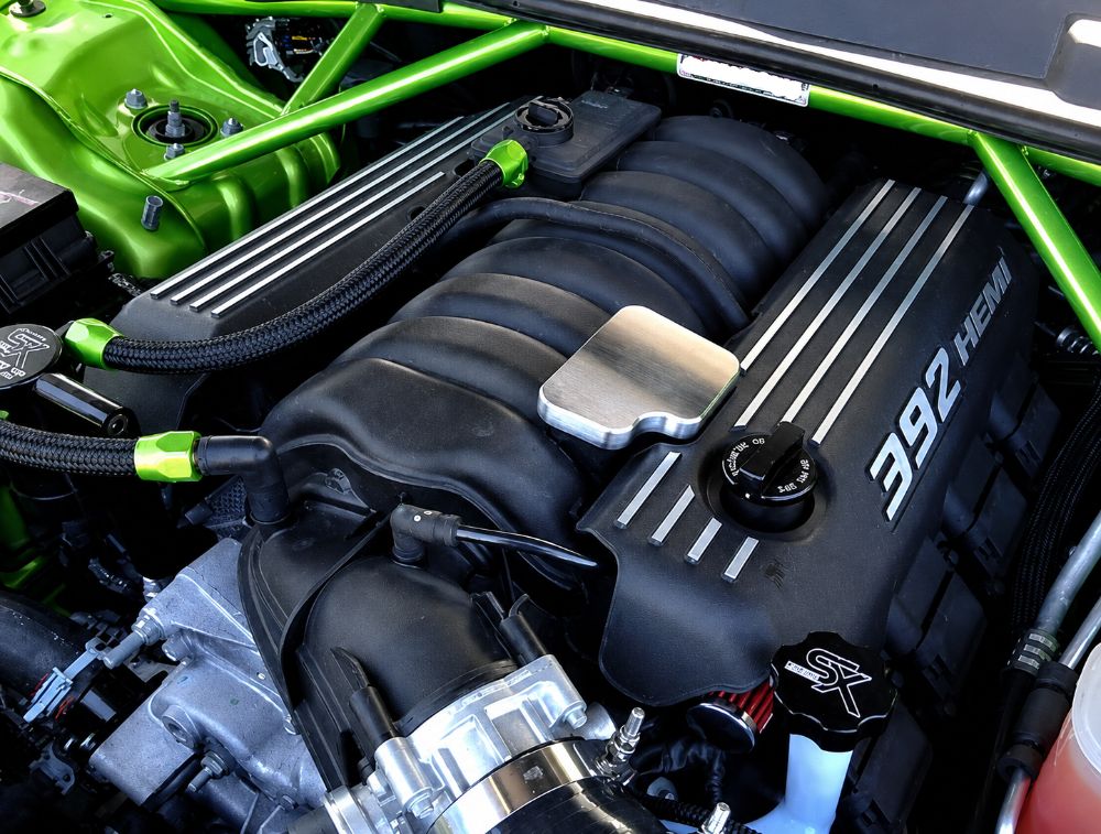 Billet Technology satin raw aluminum manifold baffle cover for Dodge Charger Challenger Durango Chrysler 300 and Jeep Grand Cherokee