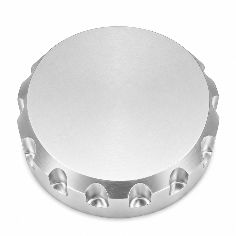 Billet Technology satin aluminum brake fluid cap cover with knurled edge design for Mopar engine bay dress-up