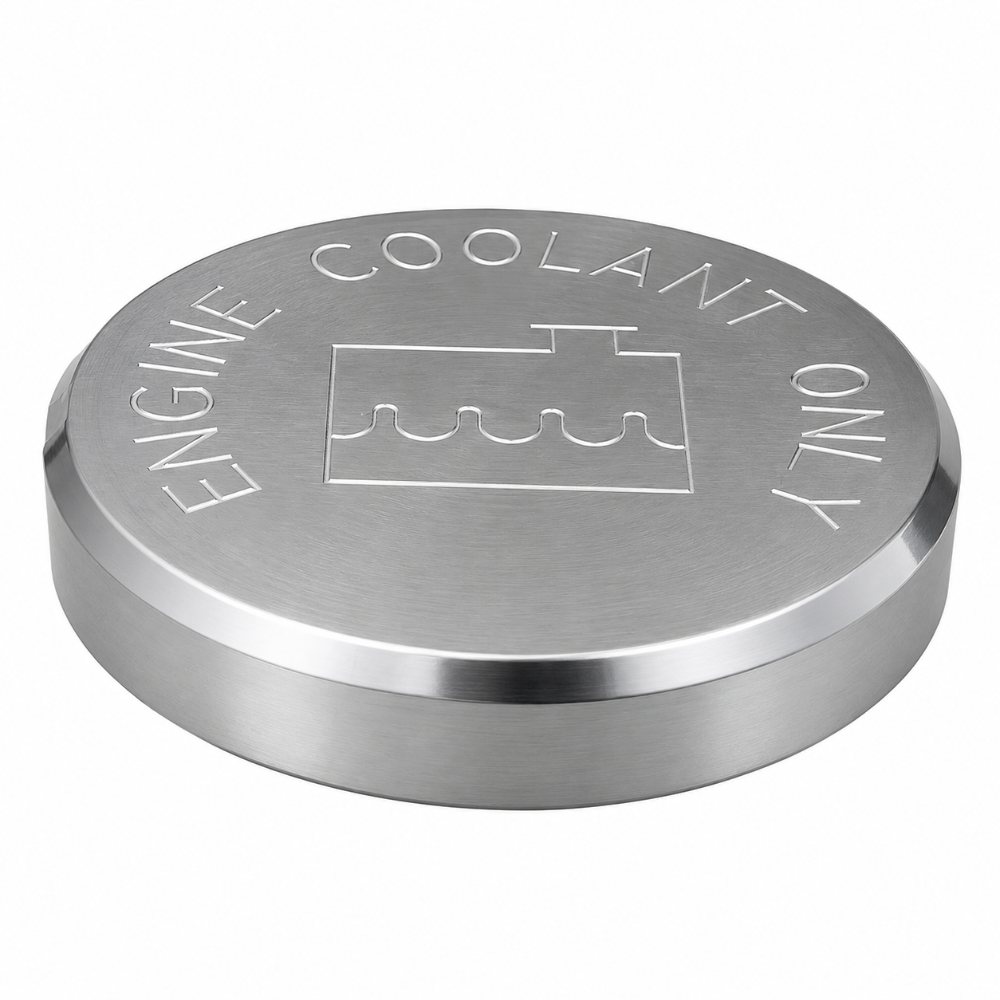 Billet Technology satin aluminum coolant overflow cap with OEM replica engraving for Jeep Grand Cherokee and Dodge Ram 1500
