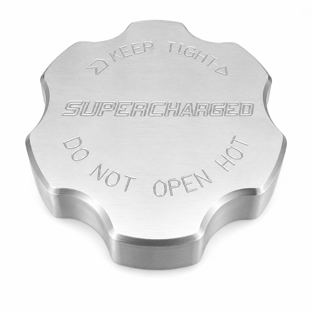 Billet Technology supercharger coolant cap for 2018-2021 Jeep Grand Cherokee Trackhawk in satin billet aluminum