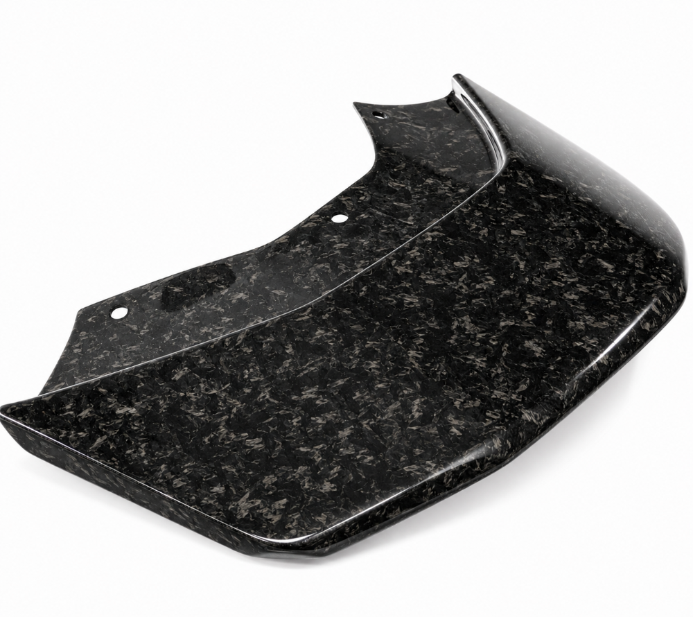 Forged carbon version of the roof scoop inlet showing the marbled chopped fiber pattern at an angle
