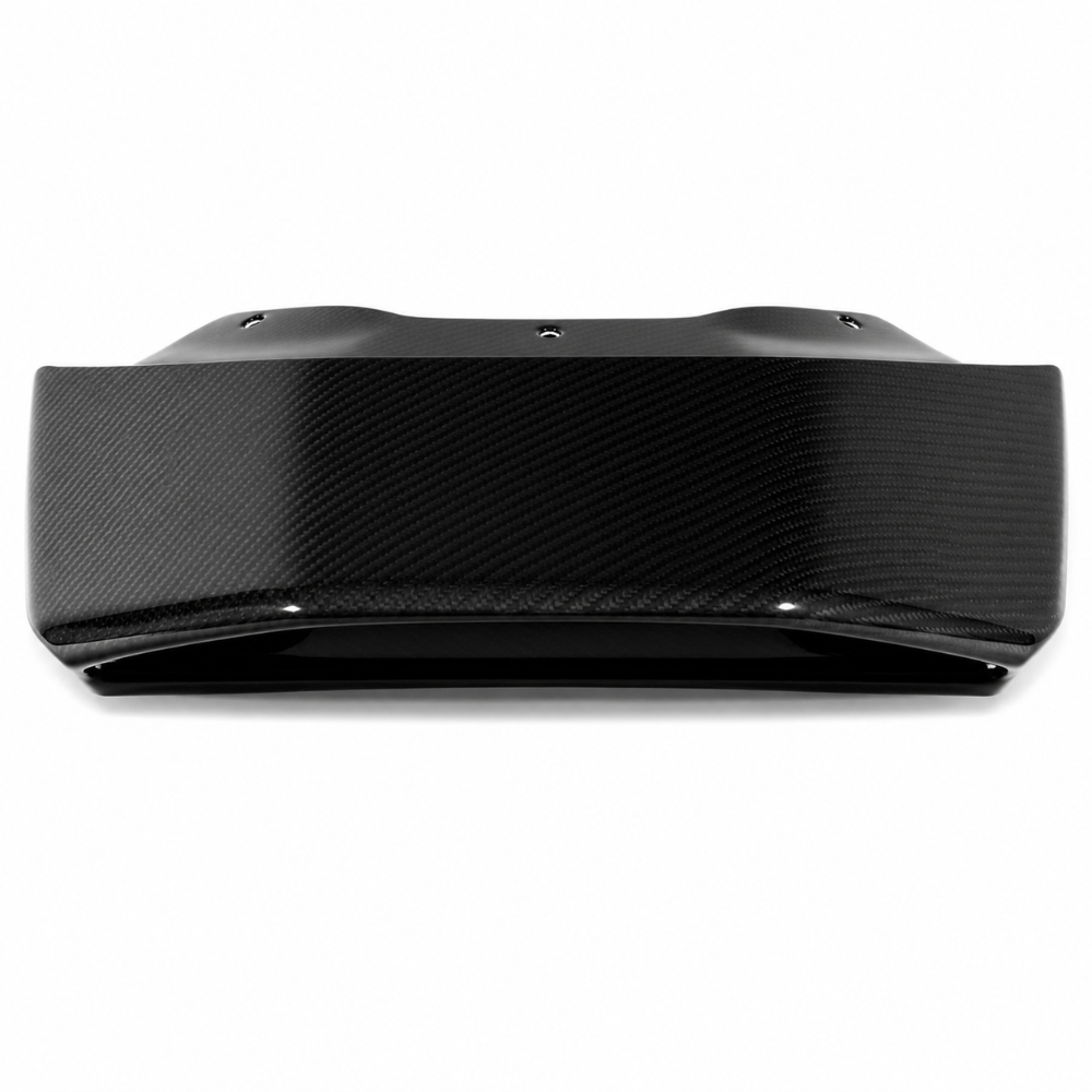 Top down view of the carbon roof scoop inlet showing the gloss clear coated upper panel and its curvature