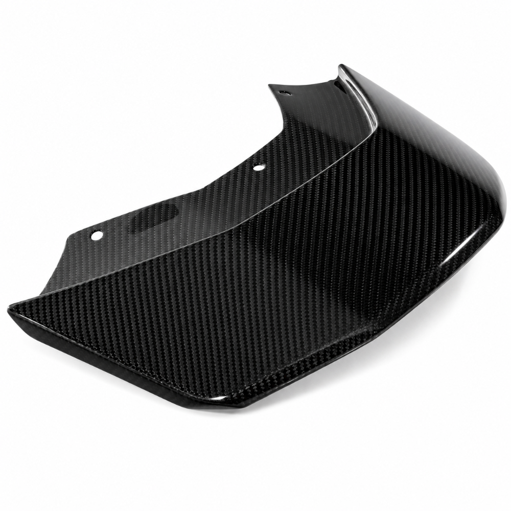 Gloss 3K twill carbon fiber roof scoop inlet panel for the Lamborghini Huracan STO shown at an angle from the front edge