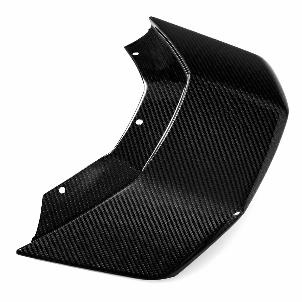 Upper surface of the twill carbon roof scoop inlet with three mounting holes along the inner edge