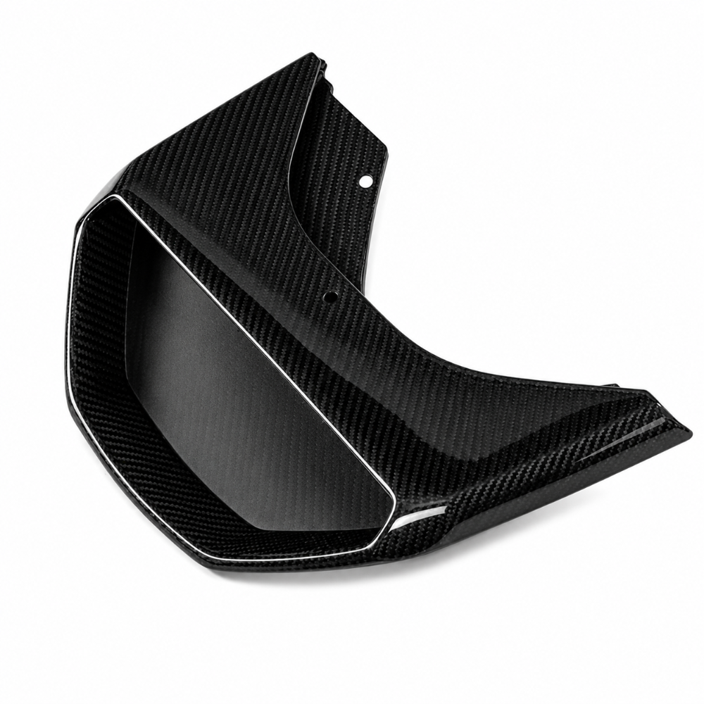 Underside of the carbon fiber roof scoop inlet showing the matte black inner duct wall and mounting tabs