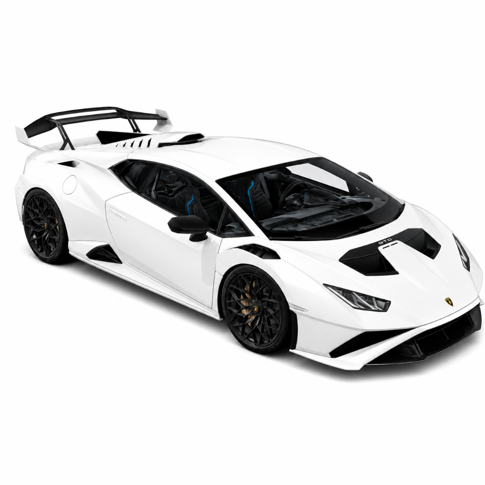 White Lamborghini Huracan STO in a studio setting showing the roof scoop area this carbon inlet panel replaces