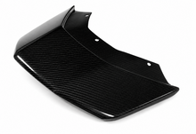 Load image into Gallery viewer, Wide angled view of the full twill carbon roof scoop inlet panel laid out to show its shape end to end