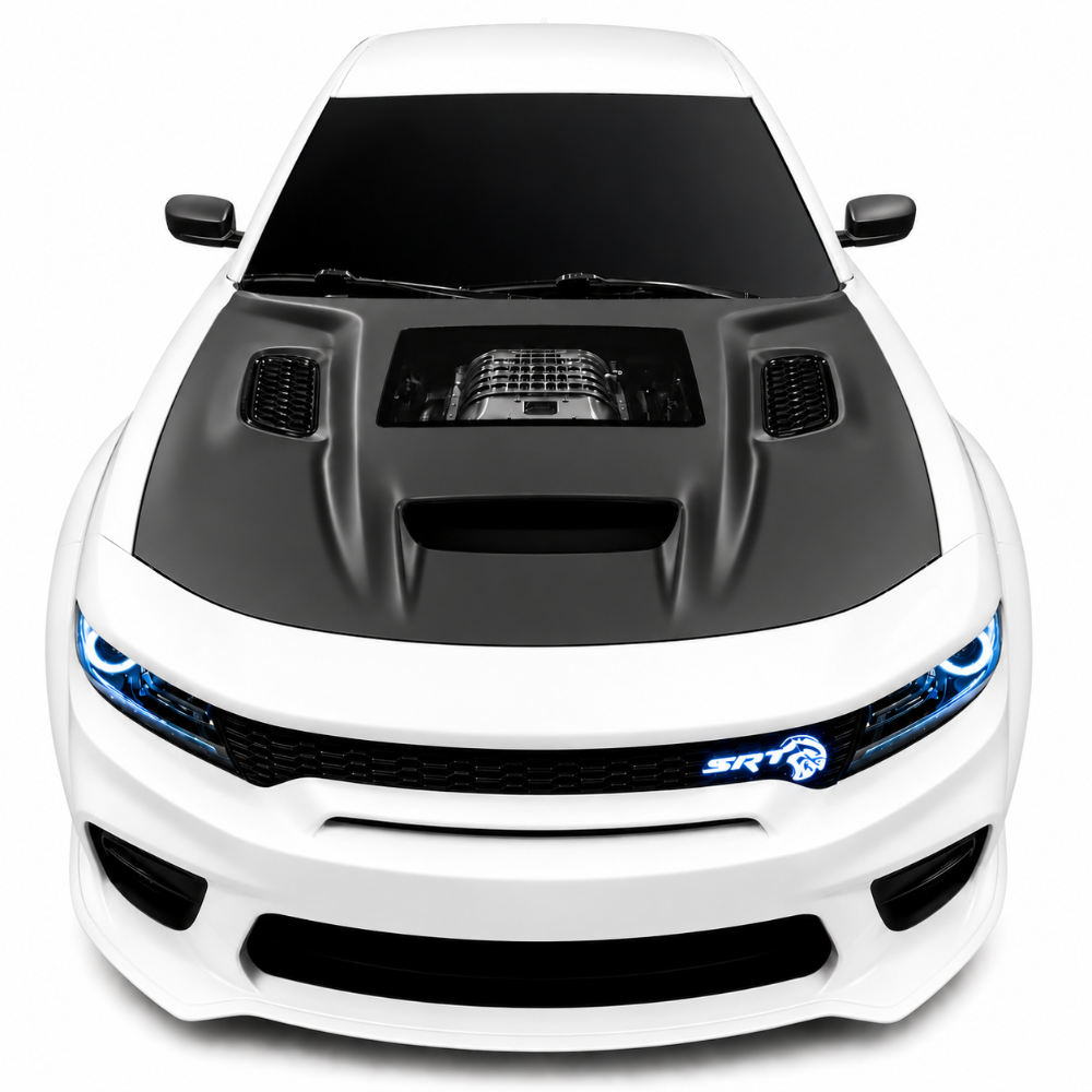 Black Ops Dodge Charger hood with window design for airflow heat extraction and custom Mopar styling
