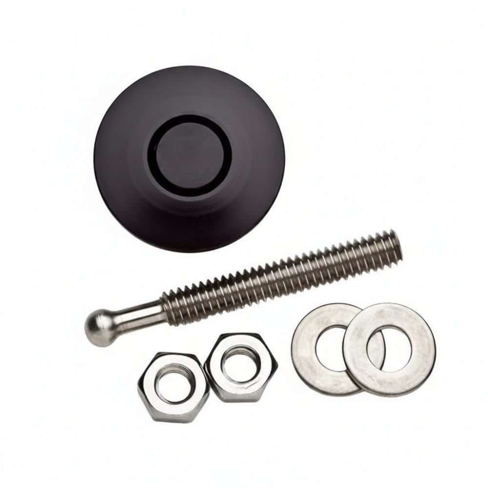 Single black anodized hood pin latch shown with its stainless steel mounting stud, two hex nuts, and two flat washers
