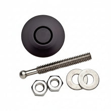 Load image into Gallery viewer, Single black anodized hood pin latch shown with its stainless steel mounting stud, two hex nuts, and two flat washers