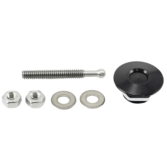 Black anodized hood pin latch head next to its mounting stud, hex nuts, and flat washers laid out separately