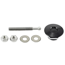 Load image into Gallery viewer, Black anodized hood pin latch head next to its mounting stud, hex nuts, and flat washers laid out separately