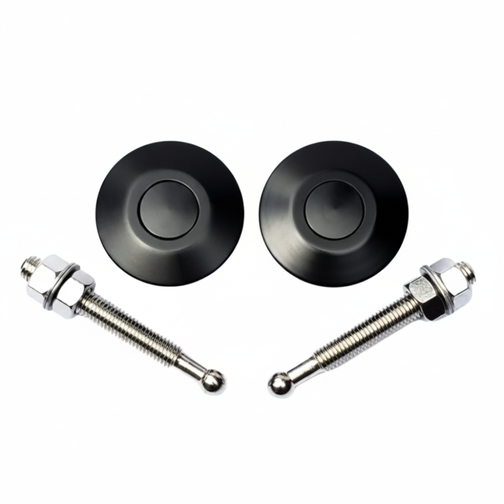 Pair of black anodized mini quick-release hood pin latches with stainless steel mounting studs, nuts, and washers