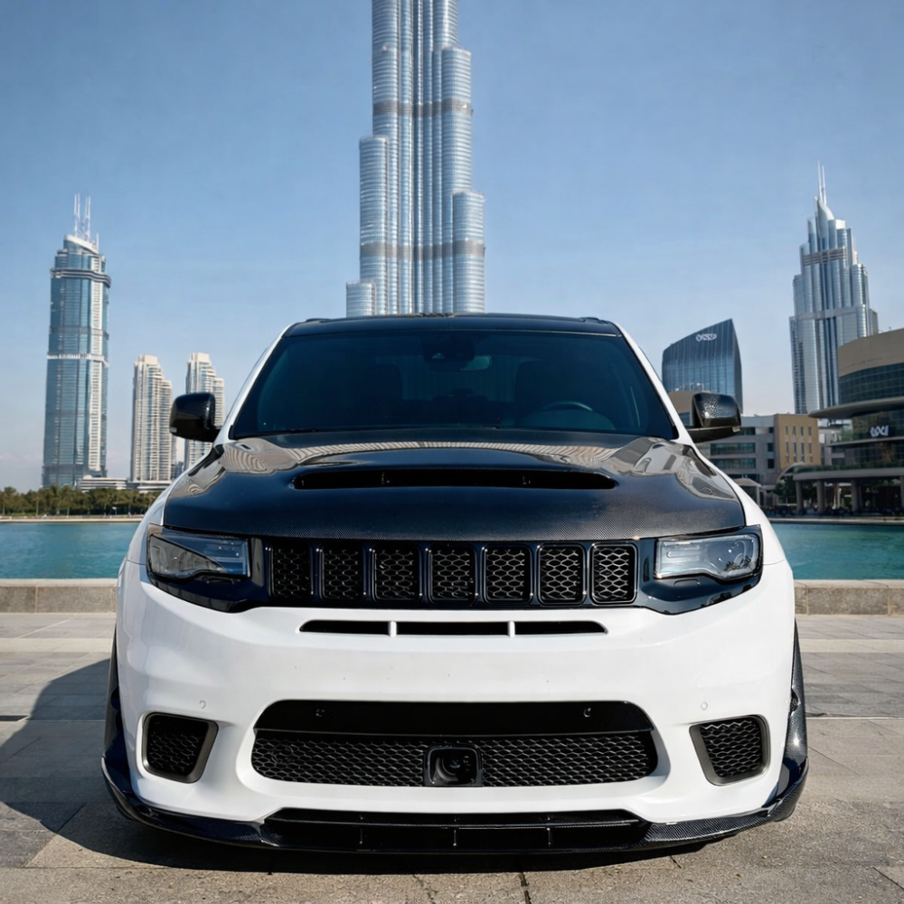 Black Ops hood Demon on White Jeep in Dubai