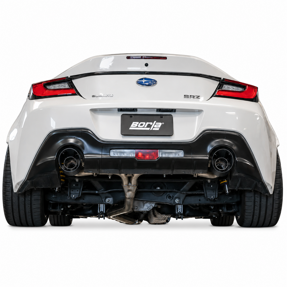 Rear view of a Subaru BRZ with Borla ATAK cat-back exhaust and carbon-fiber tips installed