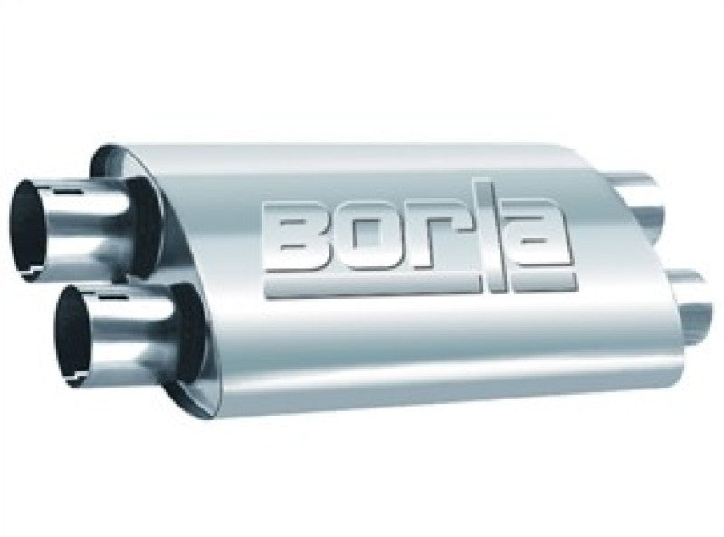 Borla ProXS universal oval muffler in polished stainless steel with two inlet necks on the left, embossed Borla logo on the case and outlet necks on the right