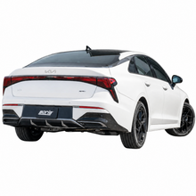 Load image into Gallery viewer, Rear three-quarter view of a white Kia K5 with a Borla cat-back exhaust system installed