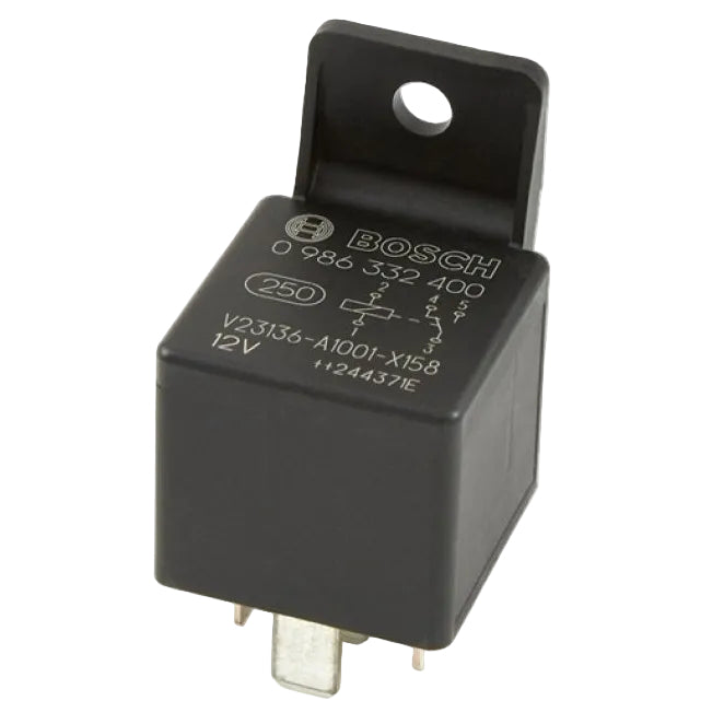 Bosch 0986332400 12V SPDT mini relay with five blade terminals and integral mounting bracket