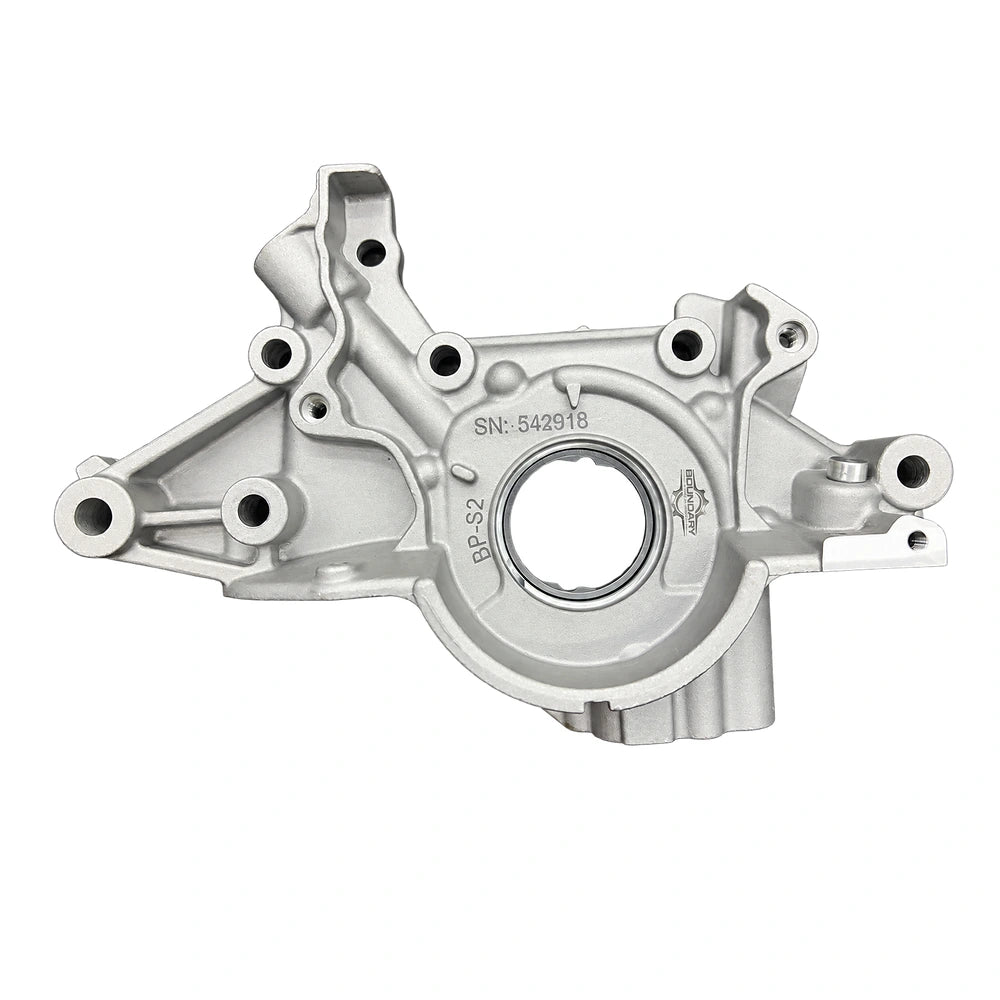 Boundary BP-S2-series assembled oil pump front view for the long-nose-crank Miata application