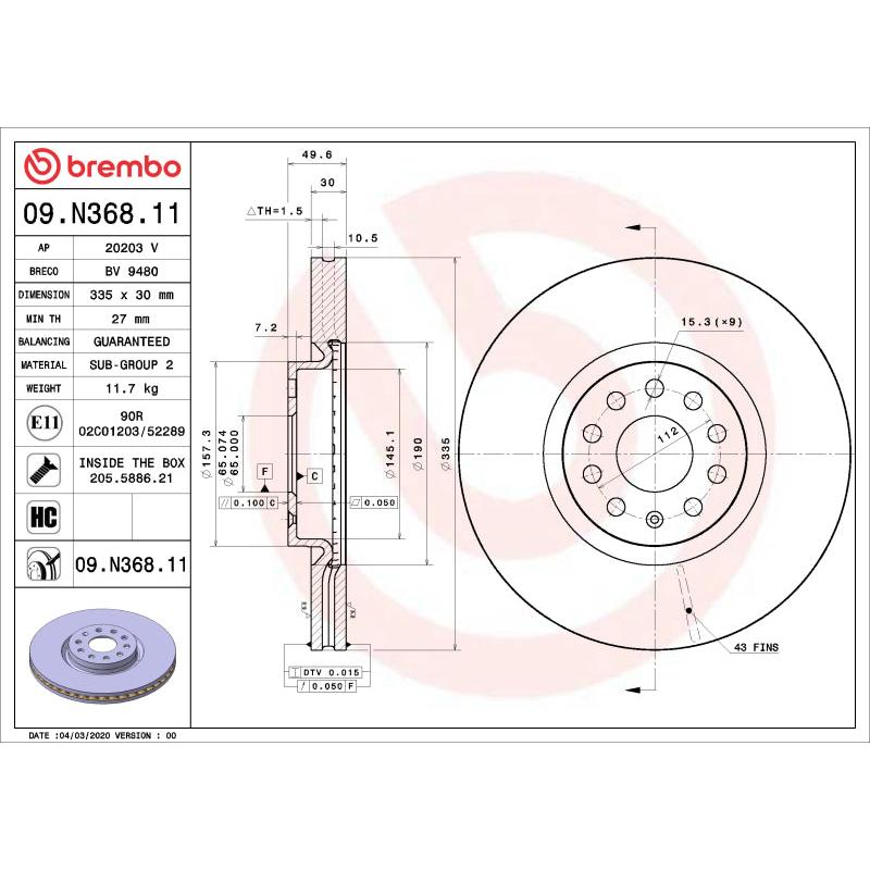 Brembo OE Brembo 21-22 Lexus ES250/19-22 Lexus ES300h/19-22 Lexus ES350/19-22 UX200 Front UV Coated Rotor