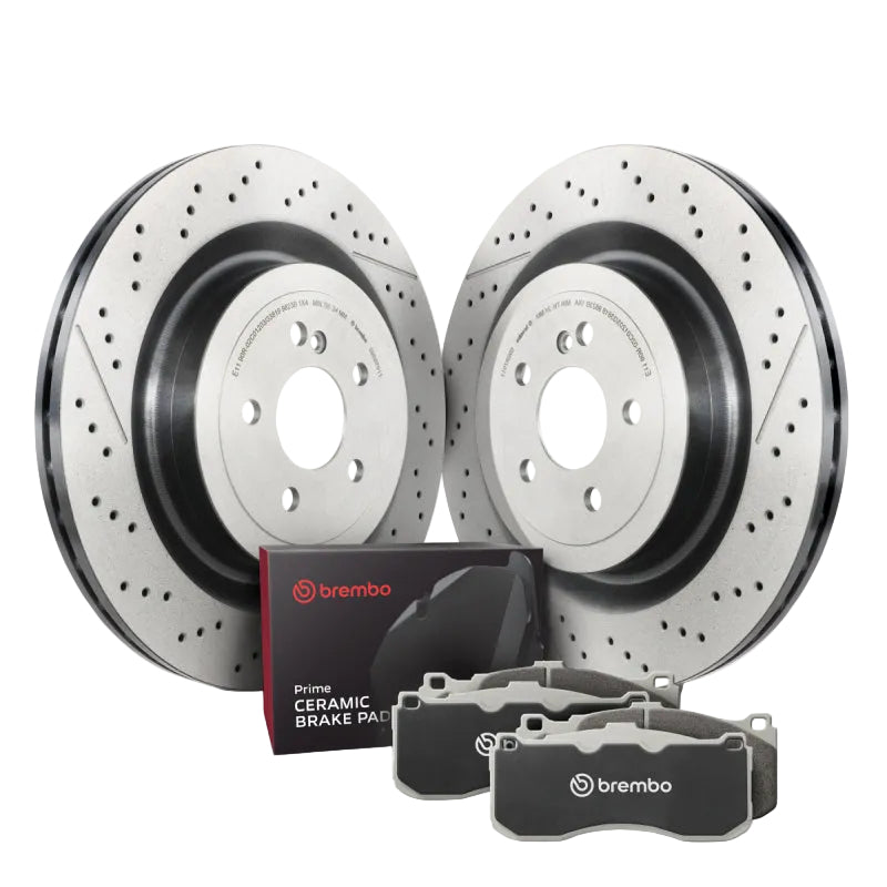 Brembo KT00B86 OE rear brake kit for Mercedes-Benz AMG models with 360mm drilled rotors and ceramic pads