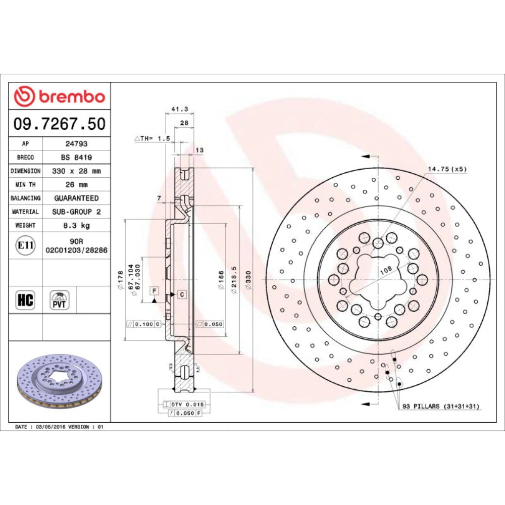 Brembo OE 00-04 Ferrari 360 Drilled Standard Brake Disc - Brembo OE 09.7267.50
