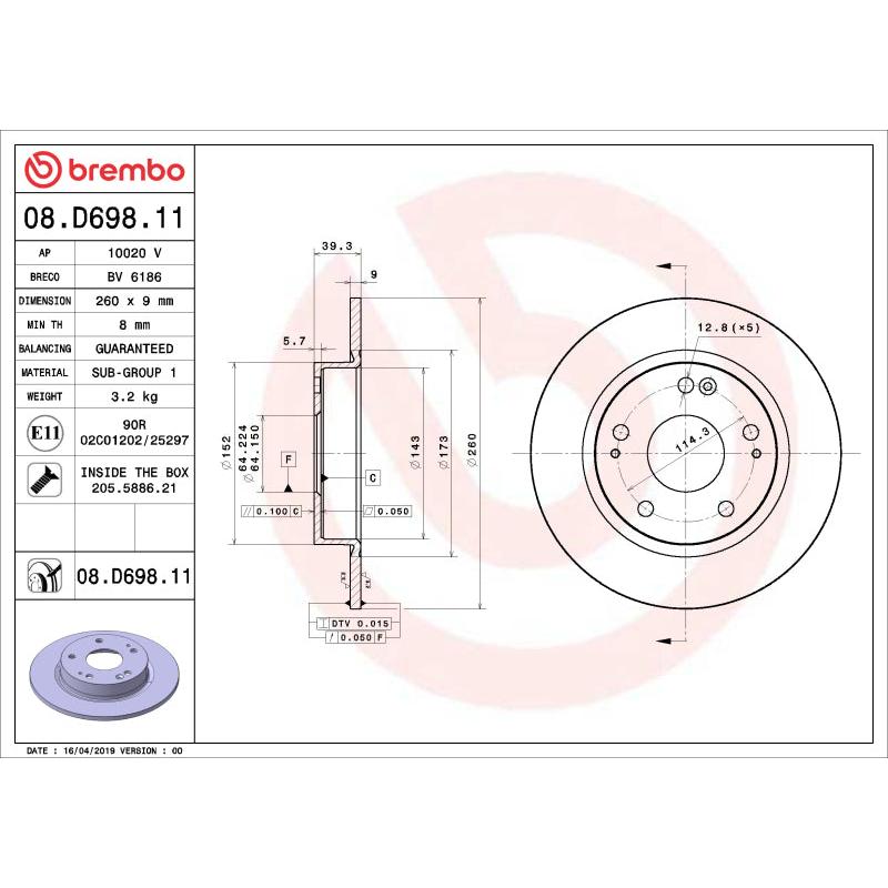 Brembo OE Brembo OE 16-24 Honda Civic/19-22 Insight UV Coated Brake Disc - Rear