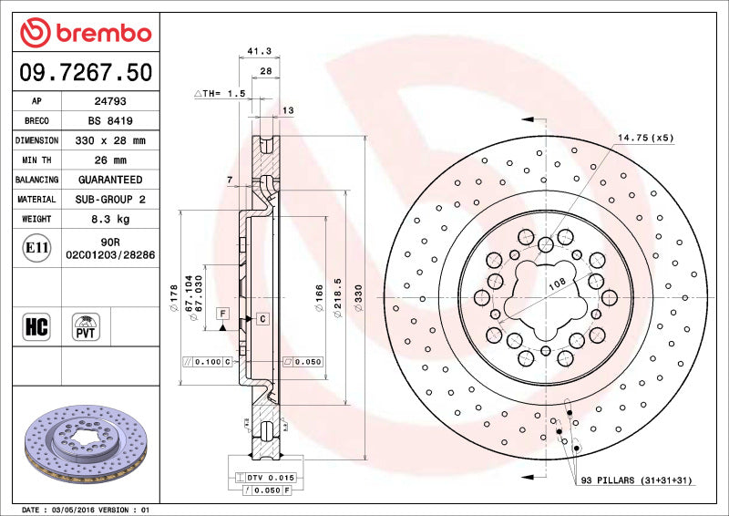 Brembo OE 00-04 Ferrari 360 Drilled Standard Brake Disc - Brembo OE 09.7267.50