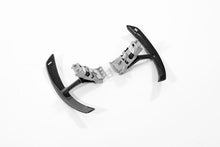 Load image into Gallery viewer, Angled view of the Porsche 991 carbon paddle shifter extensions on machined aluminium brackets