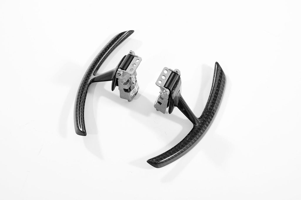 Compact view of the complete Porsche 991 carbon paddle shifter extension set with aluminium brackets
