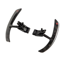 Load image into Gallery viewer, Porsche 991 carbon paddle shifter extensions in gloss twill weave shown large in the frame with brackets attached