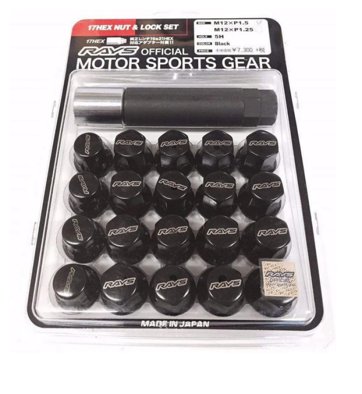RAYW1712125B-Rays M12x1.25 5 holes 16pcs nut, 4pcs Lock nut, 1 adapter & 1 lock nut key - Black-Lug Nuts-Rays