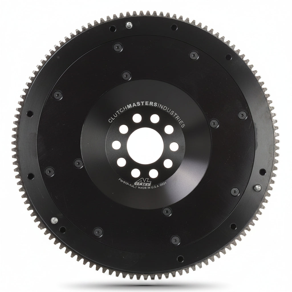 Clutch Masters FW-919R-AL aluminum flywheel face-on, showing the crank bolt pattern and etched Clutch Masters branding.