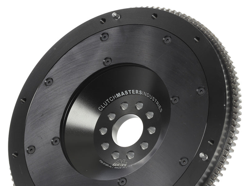 Clutch Masters FW-919R-AL aluminum flywheel from the reverse angle, showing machined step depth and ring gear teeth.