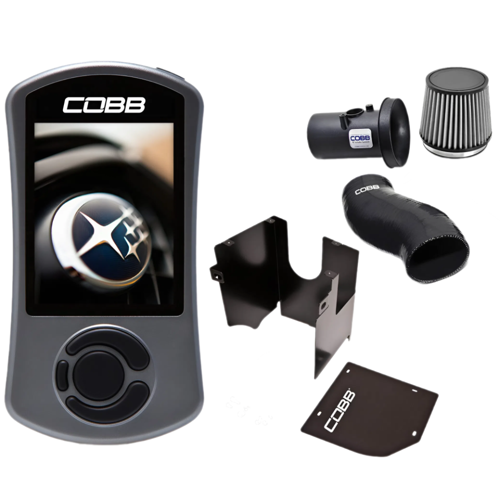 Cobb V3 Accessport displaying Stage 1+ map on Subaru WRX interior