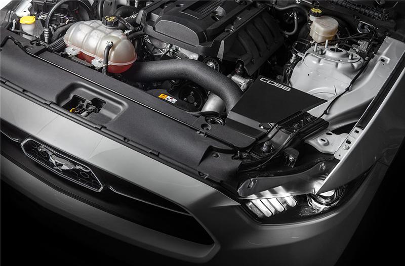 Close-up of Cobb high-flow filter and heat shield on Mustang EcoBoost intake