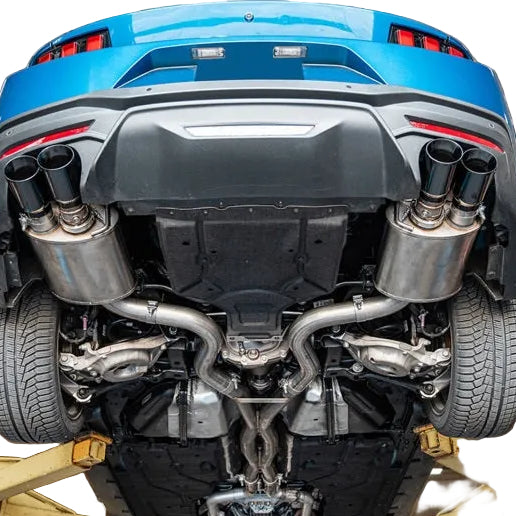 Underside view of Corsa axle-back exhaust fitment on 2024-2025 Mustang GT