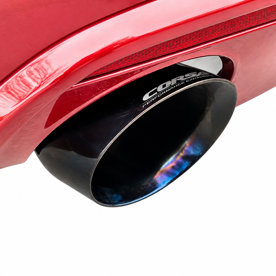 Black 4.5-inch exhaust tip detail on the CORSA Sport axle-back system for 2015-2017 Mustang GT