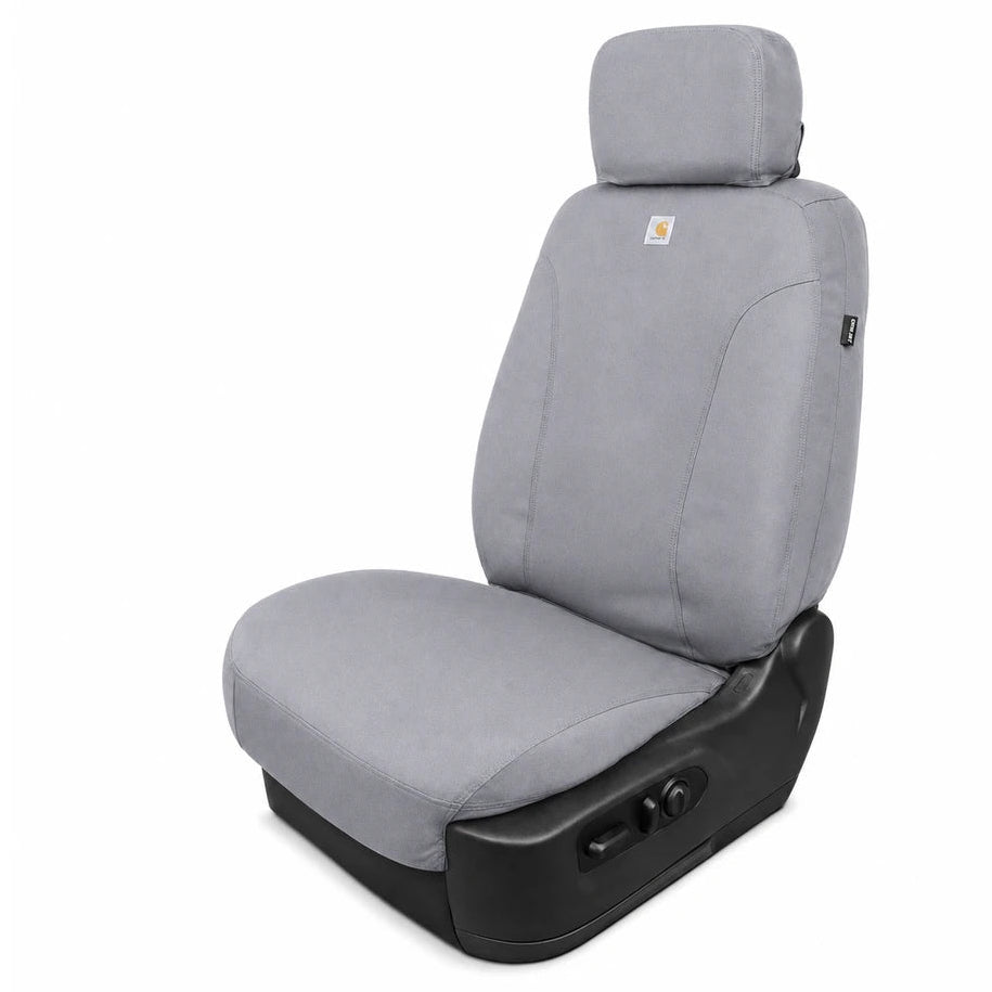 Covercraft Carhartt SeatSaver seat cover fully installed on front bucket seat, gravel color, Silverado