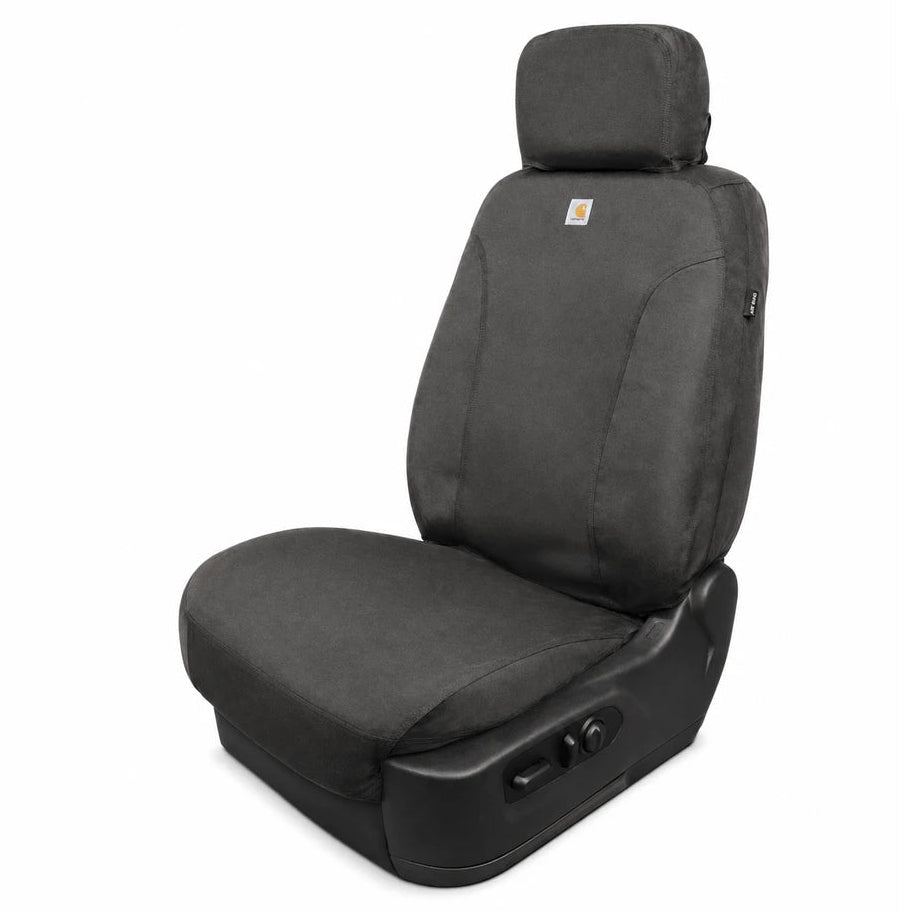 Covercraft Carhartt Super Dux seat cover fully installed on front bucket seat, side profile view