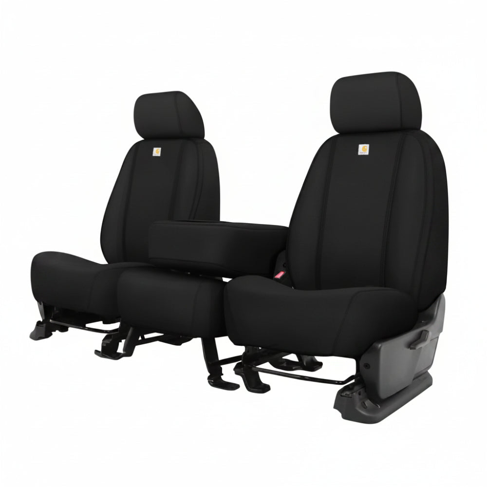 Covercraft Carhartt SeatSaver black front bench seat covers installed in a Ford Ranger SuperCrew rear cab