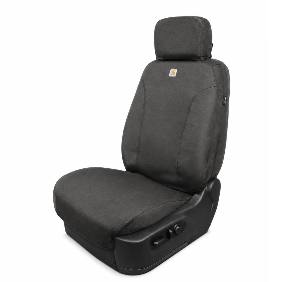 Covercraft Polycotton seat cover fully installed on front bucket seat, charcoal, side profile view