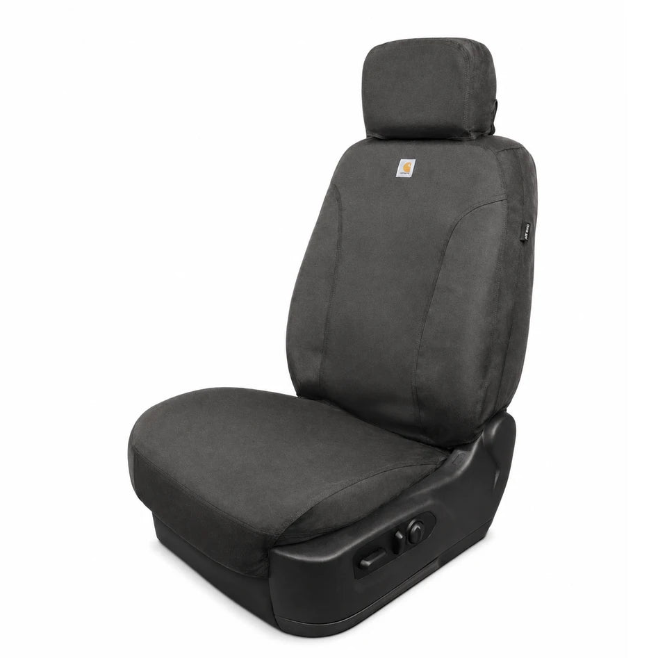 Covercraft Polycotton seat cover fully installed on second row bucket seat, charcoal