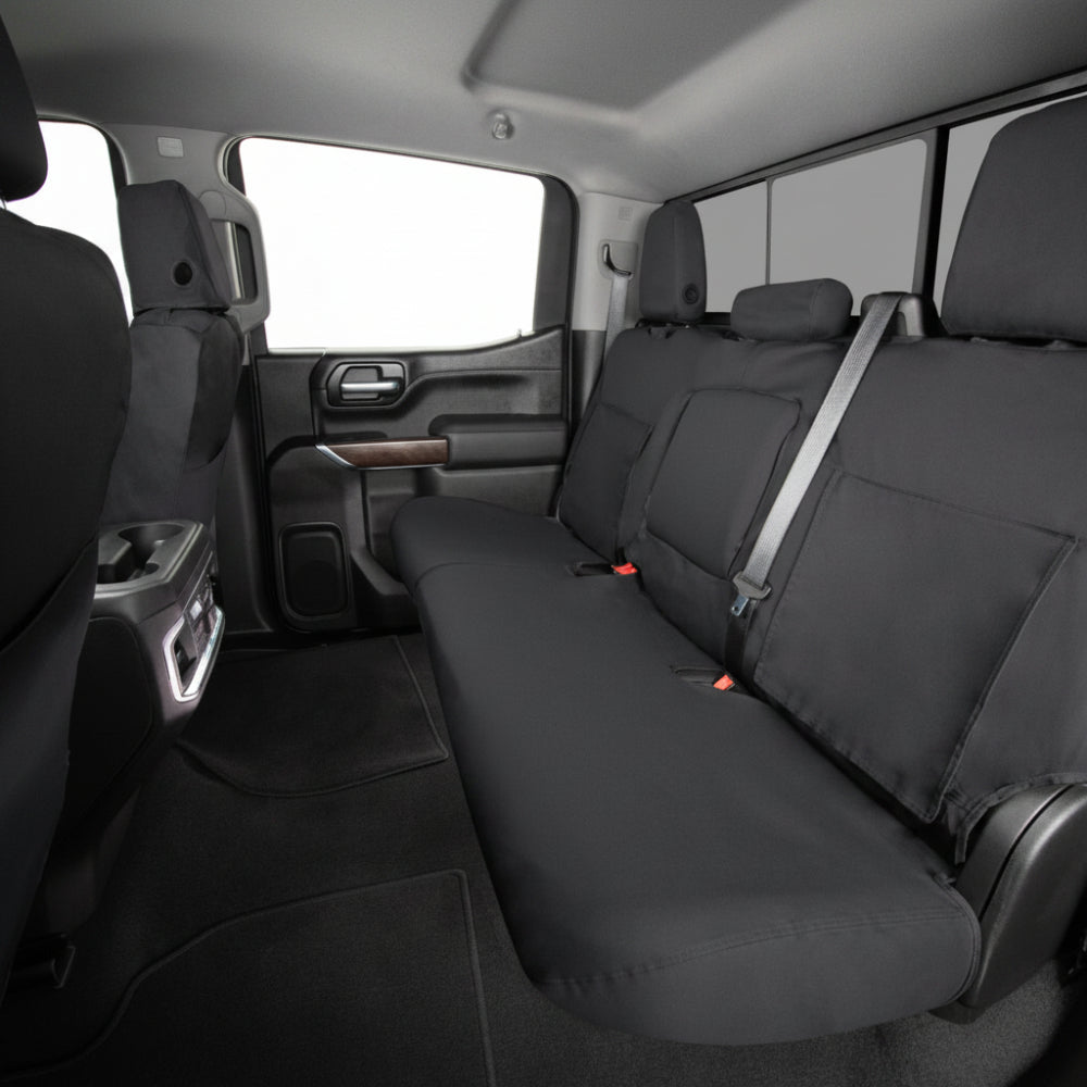 Covercraft Polycotton SeatSaver front seat cover installed in 2019-2020 Ford F-150, driver side rear view