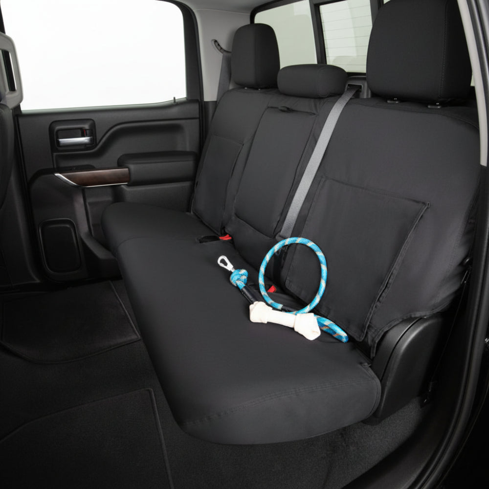 Covercraft Polycotton SeatSaver front seat cover installed in 2019-2020 Ford F-150, rear angle view