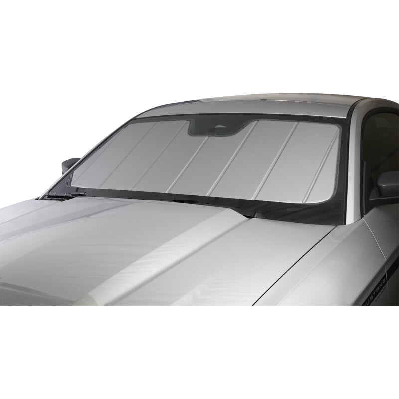 Silver Covercraft windshield sunscreen shown fully unfolded and facing the camera
