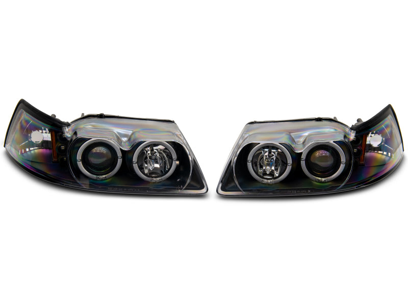 Raxiom 99-04 Ford Mustang Dual LED Halo Projector Headlights- Black Housing (Clear Lens)-Headlights-Raxiom