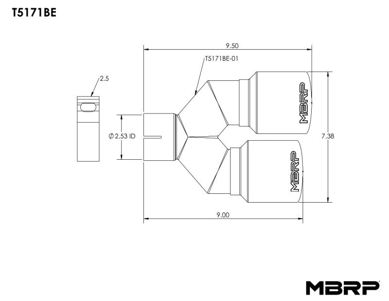 MBRPT5171BE-MBRP Burnt End Tip 2.5 ID, Dual 3.5 OD Out, 9.5 length, Single wall 304 Stainless Steel-Tail Pipes-MBRP
