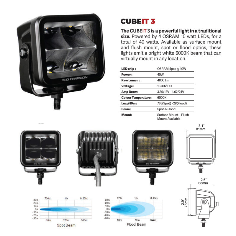 GOR750400321FCF-Go Rhino Xplor Blackout Series Cube LED Flood Light Kit (Flush Mount) 3x3 - Blk (Pair)-Light Bars & Cubes-Go Rhino