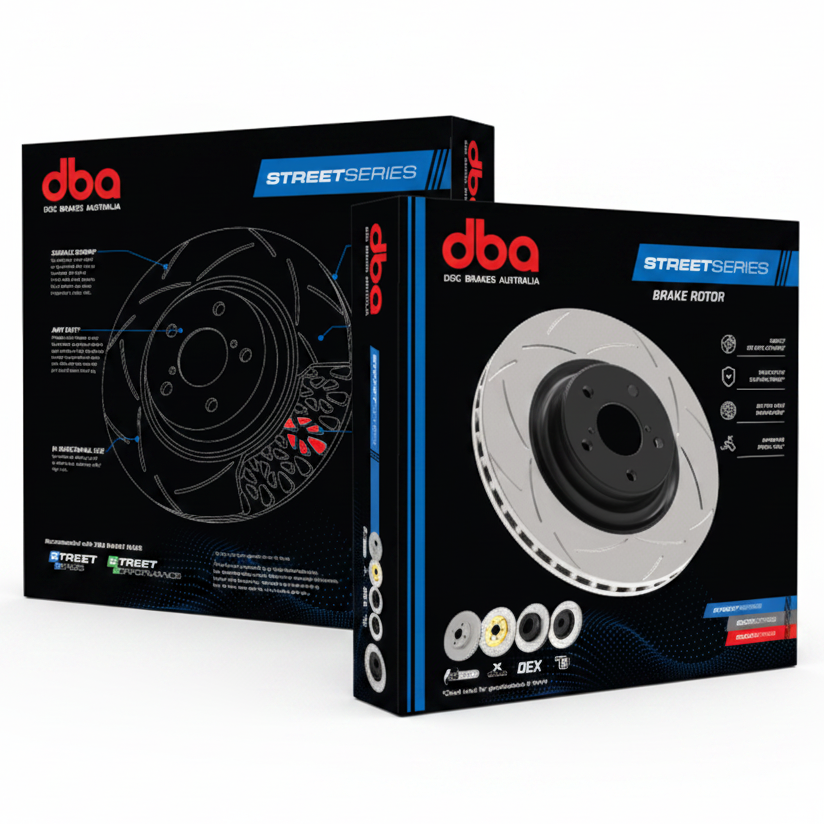 DBA Street Series brake rotor retail box packaging, front and side view